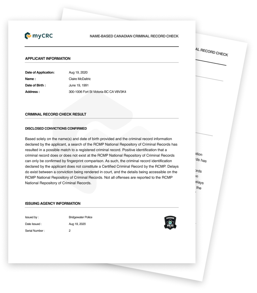 Sample Name-Based Canadian Criminal Record Check