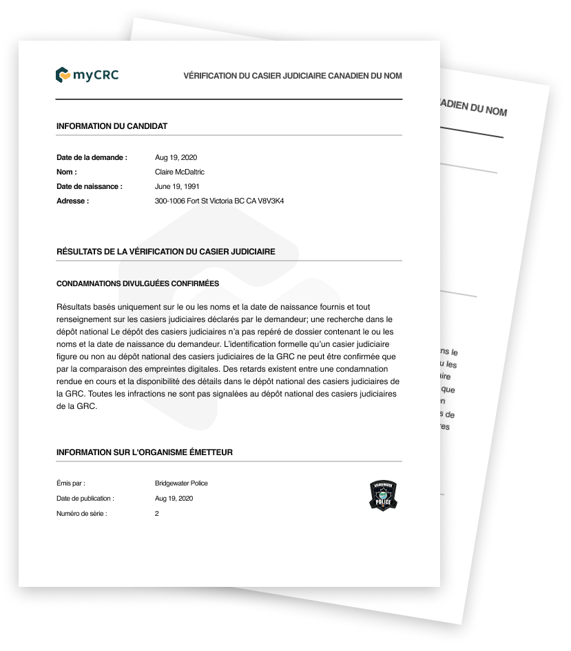 Sample Name-Based Canadian Criminal Record Check